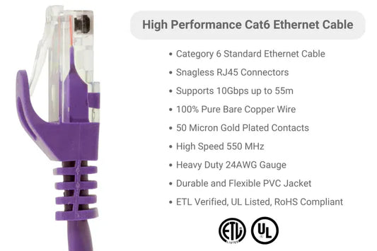 Cat6 Ethernet Patch Cable, Snagless, UTP,