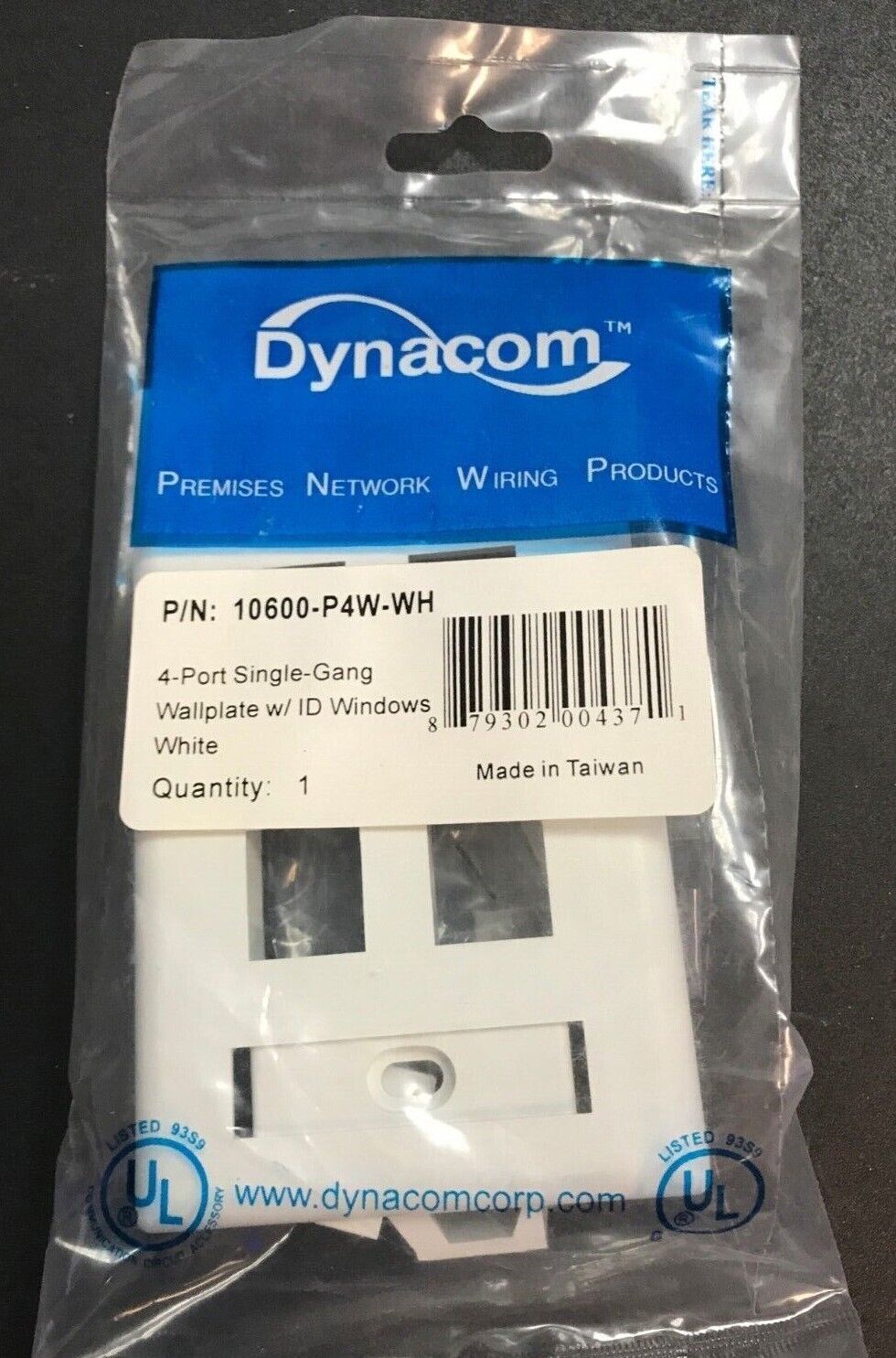 Dynacom 4 Port Single-Gang Plate fits all ICC jacks and modules White